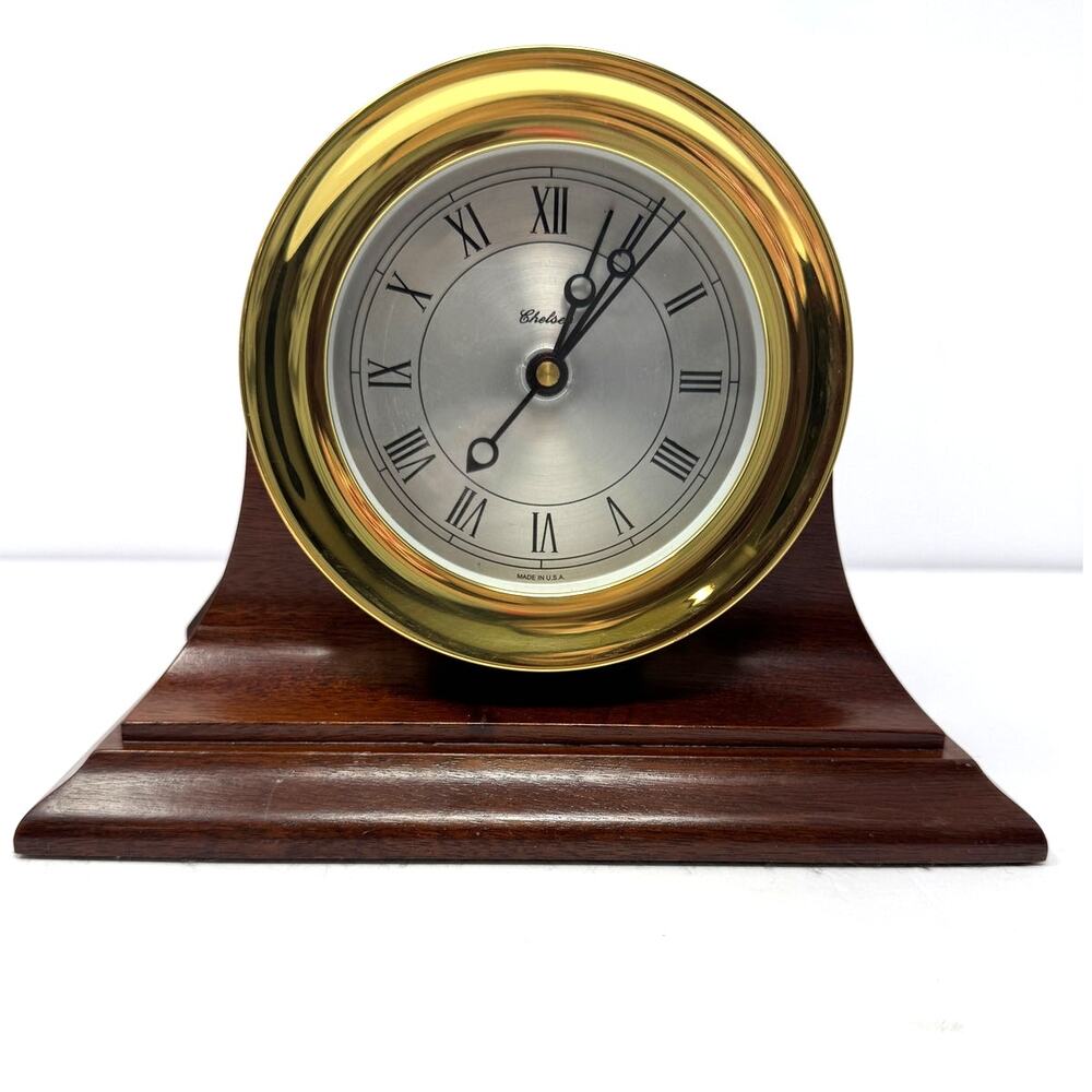 Chelsea Mantel or Desk Clock Brass & Wood Made in USA